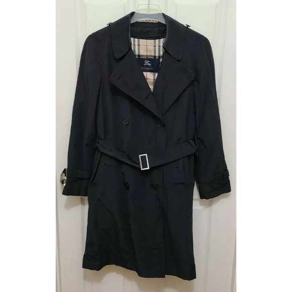 Womens Vintage Black Burberry London Wool Lined Raincoat Size 2R See Measurement